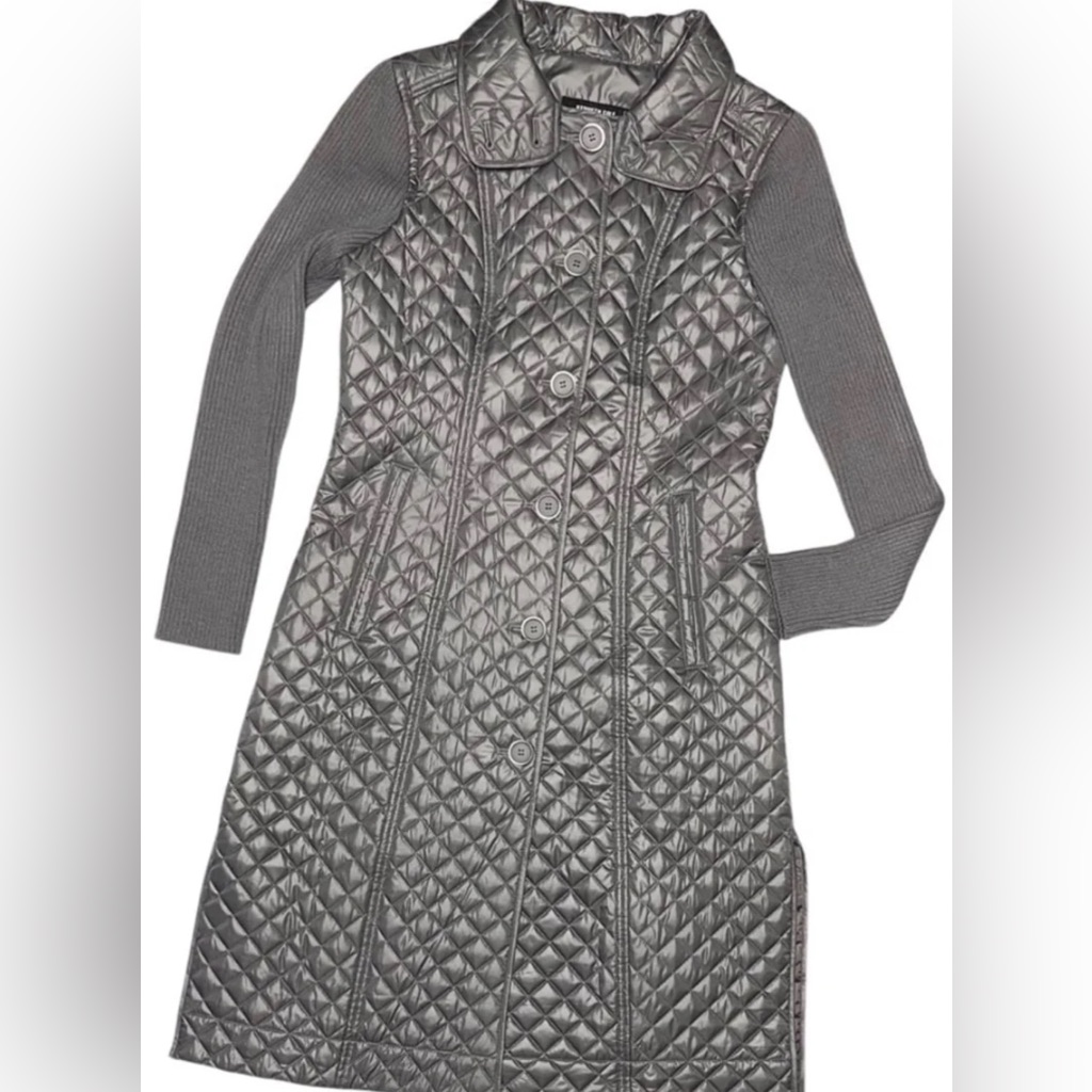 Kenneth Cole Button Down Quilted Jacket Mix Stitch Womens Gray Color Size Small